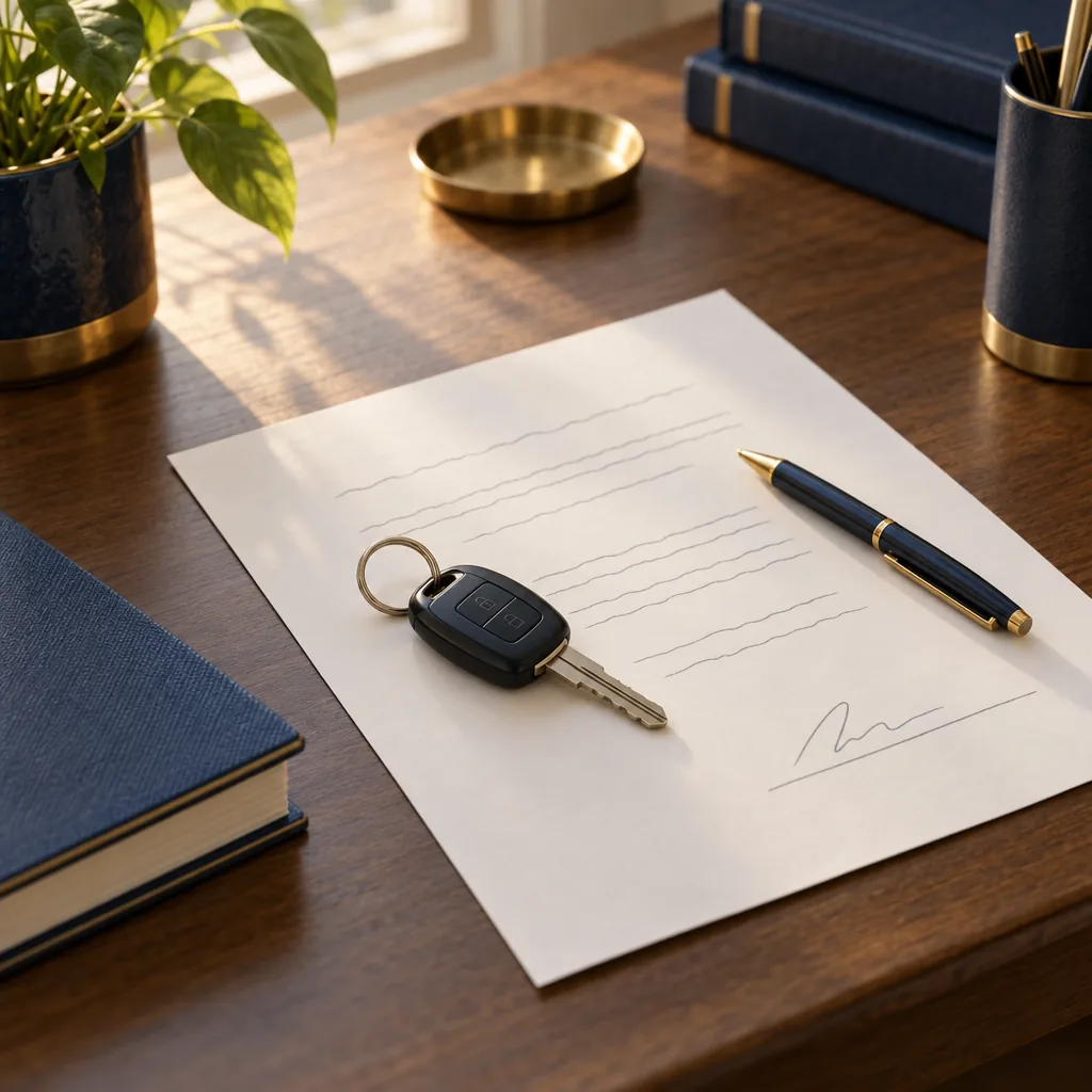 Illustration of a set of car keys and a signed vehicle title document on a desk, symbolizing a completed vehicle donation